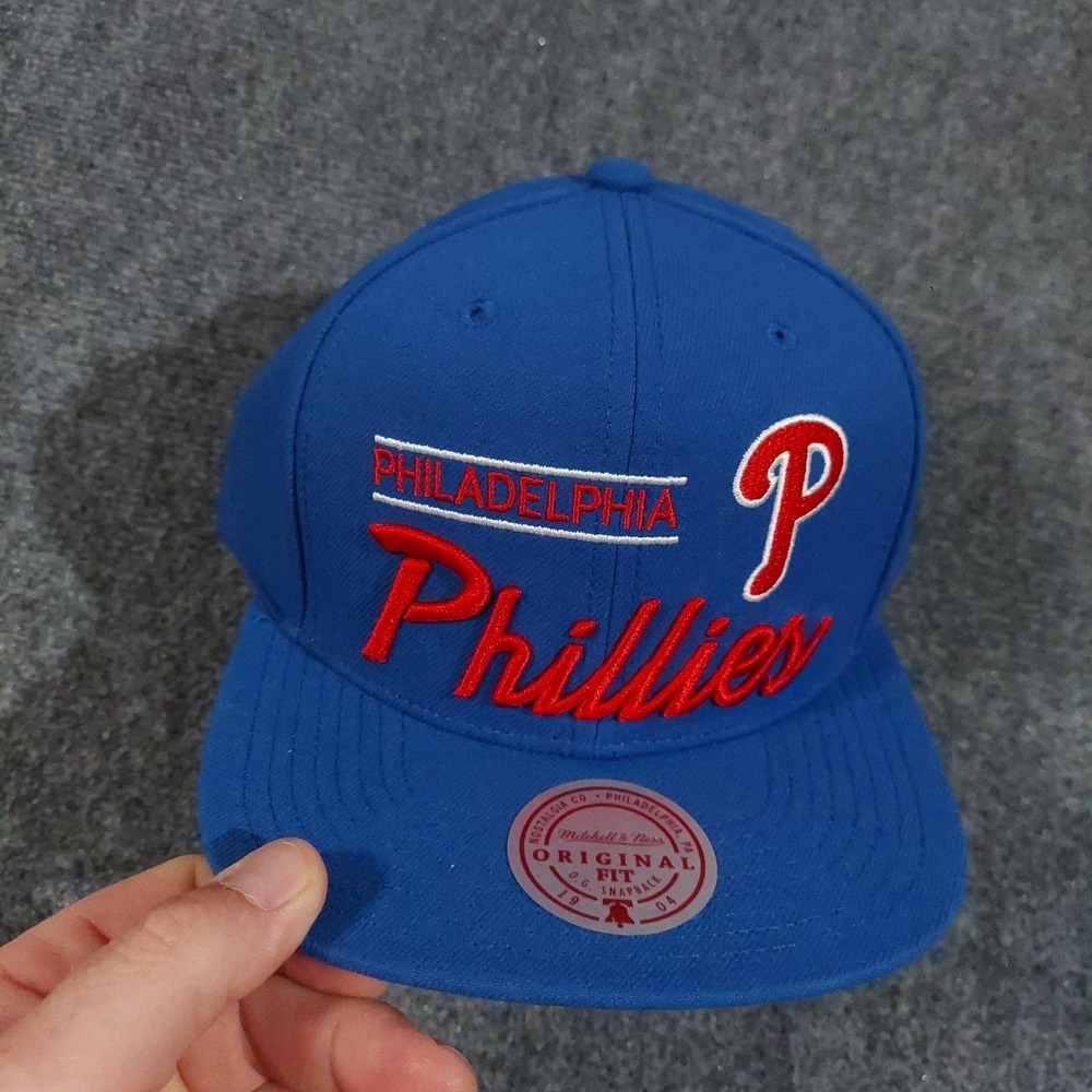 Philadelphia Phillies Hat Snap Back Blue Red MLB Baseball Script Mitchell & Ness
